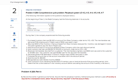 Chp 4-Assignment 2 Saved 2 Requirea information Problem 4-26A Comprehensive cycle problem: Perpetual system LO 4-2, 4-3, 4-4,