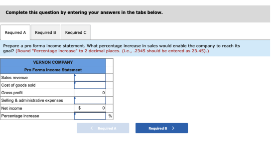 Complete this question by entering your answers in the tabs below. Required A Required B Required C Prepare a pro forma incom