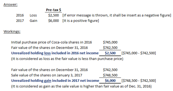 Answer: Pre-tax $ 2016 Loss $2,500 [If error message is thrown, it shall be insert as a negative figure] 2017 Gain $6,000 [lt is a positive figure] Workings: intial urchase price of Coca-cola hares in 20165745.00 Fair value of the shares on December 31, 2016 $742,500 Unrealized holding loss included in 2016 net income $2,500 I$745,000- $742,500] (It is considered as loss as the fair value is less than purchase price) $742,500 $748,500 Fair value of the shares on December 31, 2016 Sale value of the shares on January 3, 2017 Unrealized holding gain included in 2017 net income $6,000 I$748,500 - $742,500] (It is considered as gain as the sale value is higher than fair value as of Dec. 31, 2016)