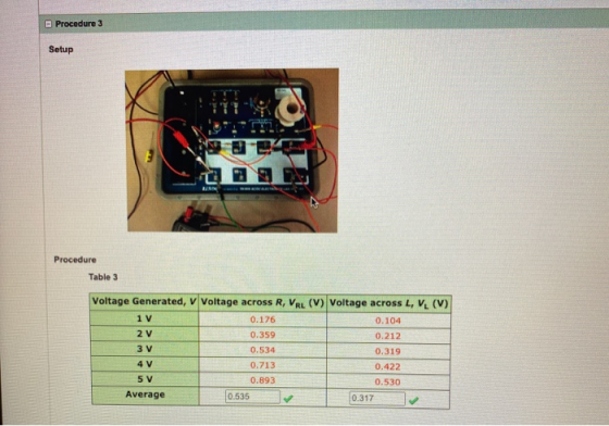 Procedure 3 Setup Procedure Table 3 Voltage Generated, v Voltage across R, VRL (V) Voltage across L, V. (V) 1 V 0.176 0.104 2