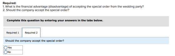 Required: 1. What is the financial advantage (disadvantage) of accepting the special order from the wedding party? 2. Should