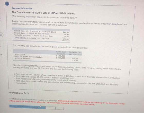 Required information The Foundational 15 [LO9-1, LO9-2, LO9-4, LO9-5, LO9-6] The following information applies to the questio