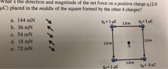 Whats the direction and magnitude of the net force on a positive charge q.(2.0 uC) placed in the middle of the square formed by the other 4 charges? a. 144 mN b. 36 mN c. 54 mN d. 18 mN e. 72 mN 1.0 m 1.0 m 9 1.0 m 943 HuC