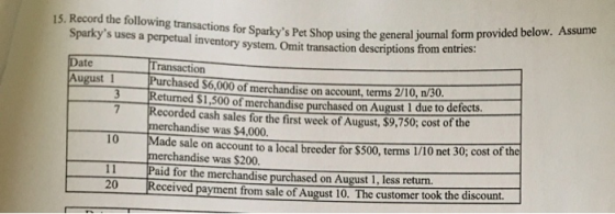 15. Record the following transactions for Sparkys Pet Shop using the general jouma for Sparkys Pet Shop using the general j