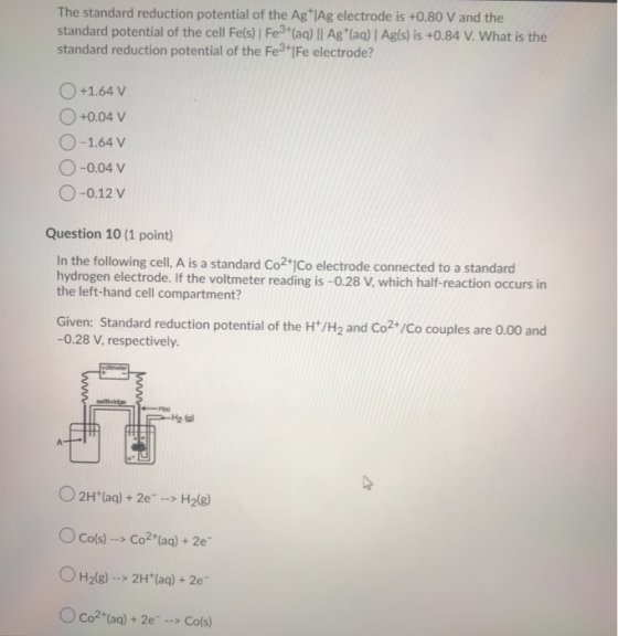 The standard reduction potential of the Ag Ag electrode is +0.80 V and the standard potential of the cell Fe(s) Fe3+(aq) || A