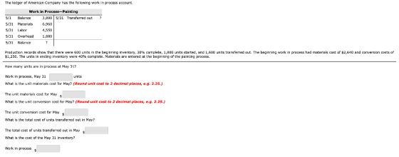 The ledger of American Company has the following work in process account. Work in Process-Painting 5/1 Balance 3,890 5/31 Tra