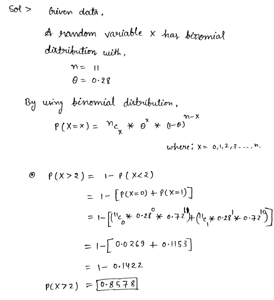 Sol> Criven data, A random variable x has bittomial distribution with, n= il 0 = 0.28 By using binomial distribution , P (X=*