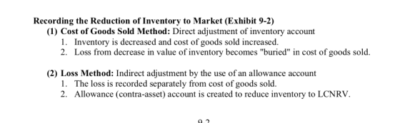 Recording the Reduction of Inventory to Market (Exhibit 9-2) (1) Cost of Goods Sold Method: Direct adjustment of inventory ac