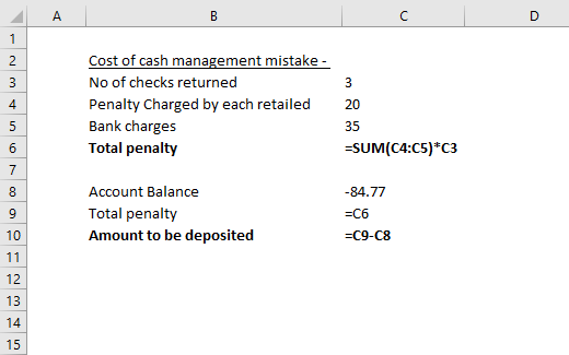 Cost of cash management mistake - No of checks returned Penalty Charged by each retailed Bank charges Total penalty =SUM(C4:C