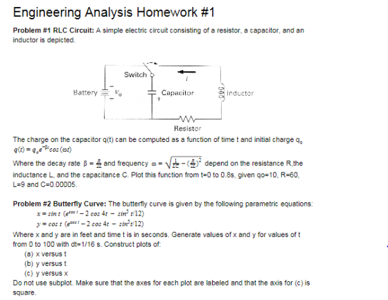 Engineering Analysis Homework #1 Problem #1 RLC Circuit: A simple electric circuit consisting of a resistor, a capacitor, and