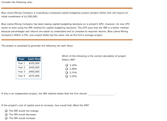 Consider the following case: Blue Llama Mining Company is evaluating a proposed capital budgeting project (project Delta) tha