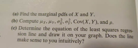 (a) Find the marginal pdfs of X and Y. (b) Compute jx, My, o, oz, Cov(X,Y), and p. (c) Determine the equation of the least sq