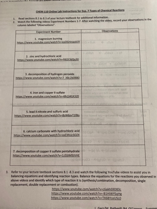 CHEM 110 Online Lab Instructions for Exp. 7 Types of Chemical Reactions 1. Read sections 8.1 to 8.3 of your lecture textbook