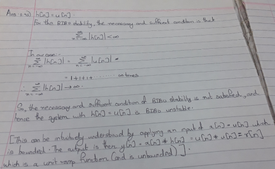 Ans 2.45) h[n] = u [n]. for the BTBo stability, the necessary and malbad <co sufferent condition is that In cw Cose- - ادا اد