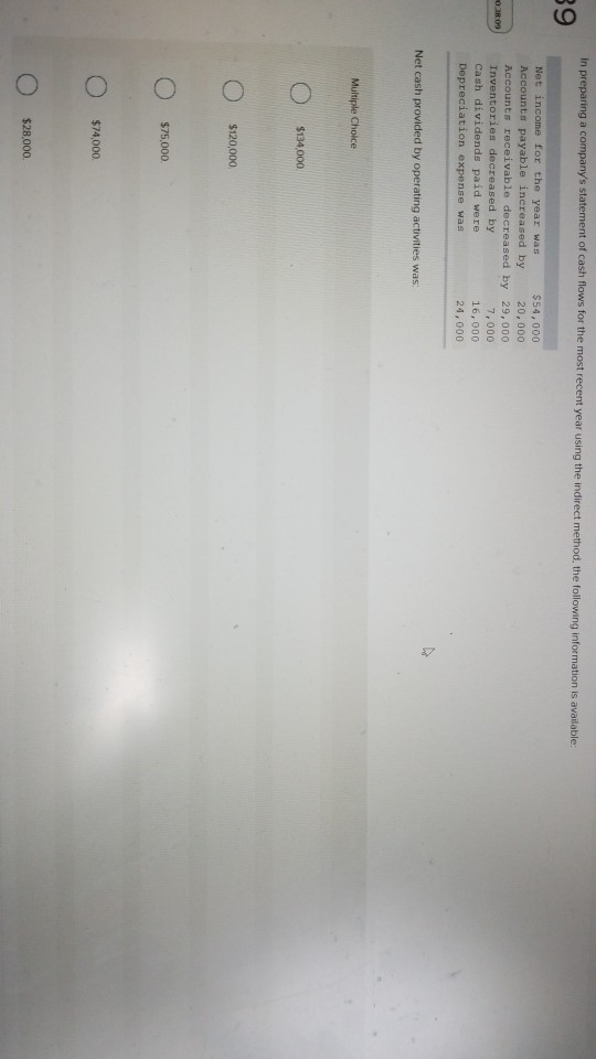 In preparing a companys statement of cash flows for the most recent year using the indirect method, the following informatio