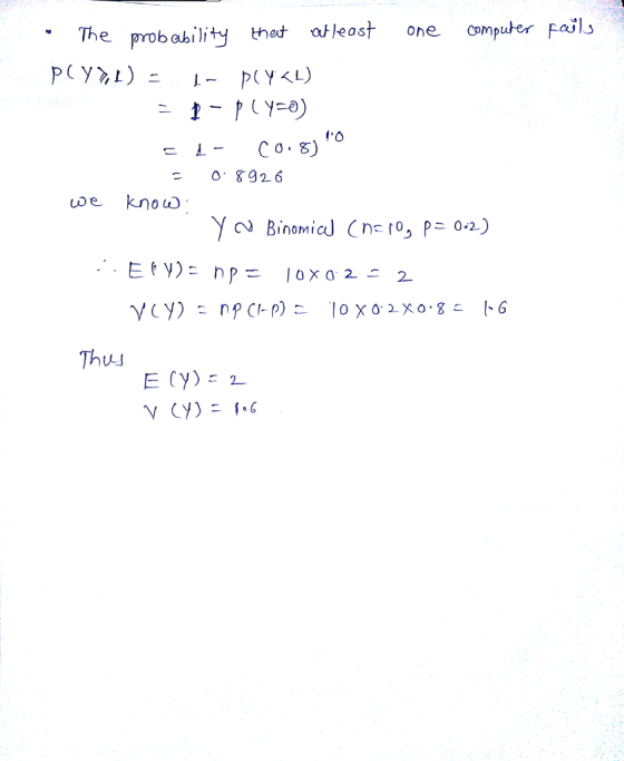 The probability rat 않least one computer Fails 1o o 8926 Thu」