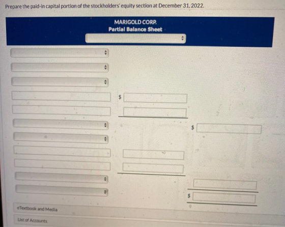 Prepare the paid-in capital portion of the stockholders equity section at December 31, 2022. MARIGOLD CORP. Partial Balance
