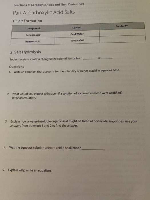 Reactions of Carboxylic Acids and Their Derivatives Part A. Carboxylic Acid Salts 1. Salt Formation Compound Solvent Solubili
