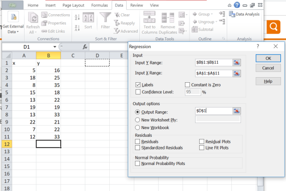 File Home nsert Page Layout Formulas Data Review View Data Analysis Clear ReapplyText to Removeotal 的|Connections Al AZ roup 団Properties 4. Ungroup Get External Refresh I SortFitd Columns Duplicates Data AllEdit LinksA Connections Sort & Filter Data Tools Outline Analysis D1 Regression E Input OK Input Y Range Input X Range Labels $B$1:$B$11 $A$1:$A$11 Constant is Zero Cancel 5 18 8 15 13 19 13 16 25 35 18 Help 4 Confidence Level: 95 % Output options 19 $D$1 Output Range New Worksheet Ply 21 ONew Workbook Residuals 10 12 Residuals Standardized Residuals Residual Plots Line Fit Plots Normal Probability 14 15 16 17 18 Normal Probability Plots