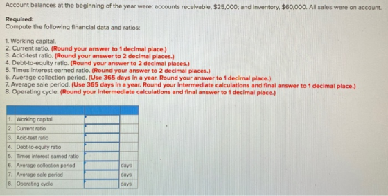 Account balances at the beginning of the year were: accounts receivable, $25,000; and inventory. $60,000. All sales were on a