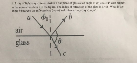 1. A ray of light (ray a) in air strikes a flat piece of glass at an angle of po =60.94° with respect to the normal, as shown
