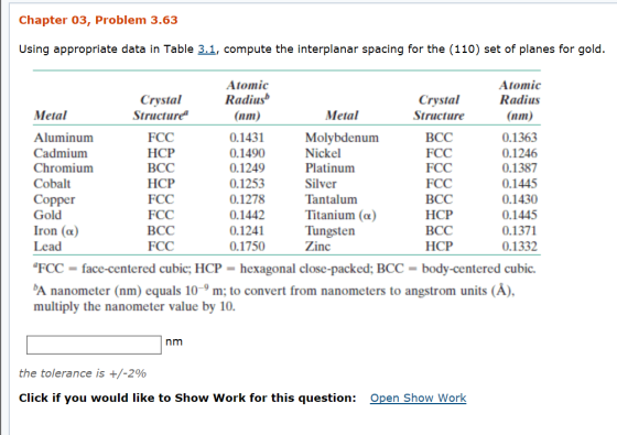 Chapter 03, Problem 3.63 Using appropriate data in Table 3.1, compute the interplanar spacing for the (110) set of planes for gold Crystal Structure FCC HCP BCC HCP FCC FCC BCC FCC Atomic Radius im 0.1431 0.1490 0.1249 0.1253 0.1278 0.1442 0.1241 0.1750 Atomic Radius (nm) 0.1363 0.1246 0.1387 0.1445 0.1430 0.1445 0.1371 0.1332 Crystal Structure Metal Metal Aluminum Cadmium Chromium Cobalt Copper Gold Iron (a) Lead Molybdenum Nickel Platinum Silver Tantalum Titanium (a) Tungsten Zinc BCC FCC FCC FCC BCC HCP BCC HCP FCC face-centered cubic; HCP hexagonal close-packed; BCC body-centered cubic. A nanometer (nm) equals 10-9 m; to convert from nanometers to angstrom units (Å), multiply the nanometer value by 10. nm the tolerance is +/-2% Click if you would like to Show Work for this question: Open Show Work