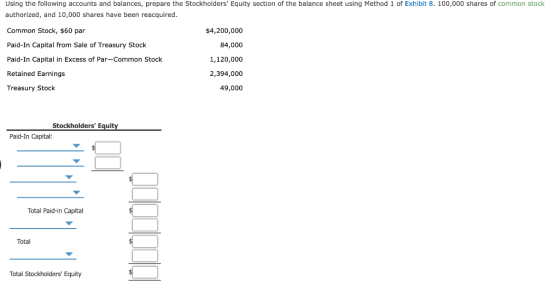 Using the following accounts and balances, prepare the Stockholders Equity section of the balance sheet using Method 1 of Ex