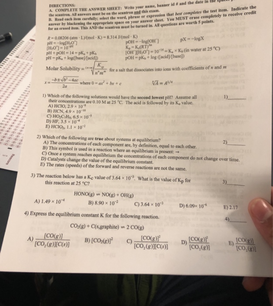 DIRECTIONS: A COMPLETE THE ANSWER SHEET: Write your name. banner id # and the date in the space the scantron. All answers mus