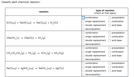 Classify each chemical reaction: reaction HCl(aq) + NaOH(aq) NaCl(aq) + H20(1) 2Nacio, (s) → 2NaCl(s) + 30 (8) type of reacti