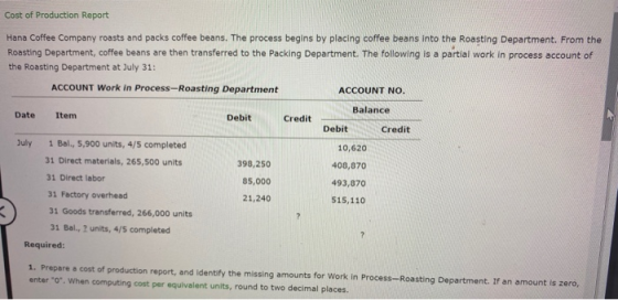 Cost of Production Report Hana Coffee Company roasts and packs coffee beans. The process begins by placing coffee beans into