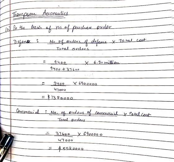 Thompson Aeronautics in the basis of no. of purchase order Defense : No. of orders of - Total orders defence x Total cost 940