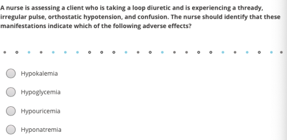 A nurse is assessing a client who is taking a loop diuretic and is experiencing a thready, irregular pulse, orthostatic hypot