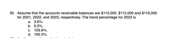 25. Assume that the accounts receivable balances are $110,000, $112,000 and $116,000 for 2021, 2022, and 2023, respectively.