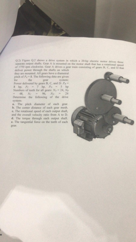 0.2) Figure Q.2 shows a drive system in which a 20-hp electric motor drives separate output shafts. Gear A is mounted on the
