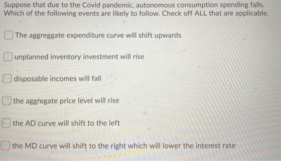 Suppose that due to the Covid pandemic, autonomous consumption spending falls. Which of the following events are likely to fo