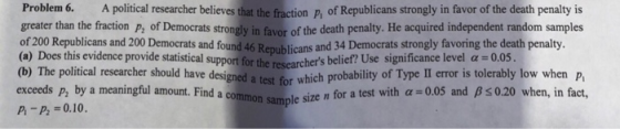 Problem 6. A political researcher believes that the fraction p, of Republicans strongly in favor of the death penalty is greater than the fraction P of Democrats strongly in favor of the death penalty. He acquired independent random samples of 200 Republicans and 200 Democrats and found 46 Republicans (a) Does this evidence provide statistical support for the researchers (b) The political researcher should have designed a test for which probability o exceeds p, Pi-p,-0.10. and 34 Democrats strongly favoring the death penalty. belief? Use significance level a 0.05 by a meaningful amount. Find a common sample size n for a test with a 0.05 and B 30.20 when, in fact,