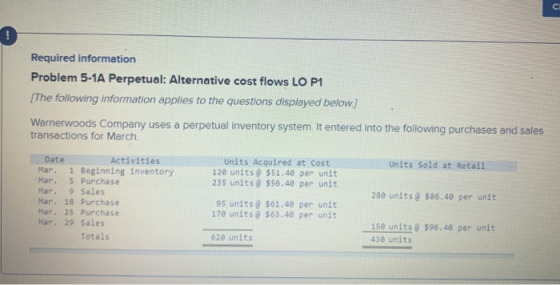 Required information Problem 5-1A Perpetual: Alternative cost flows LO P1 [The following information applies to the questions
