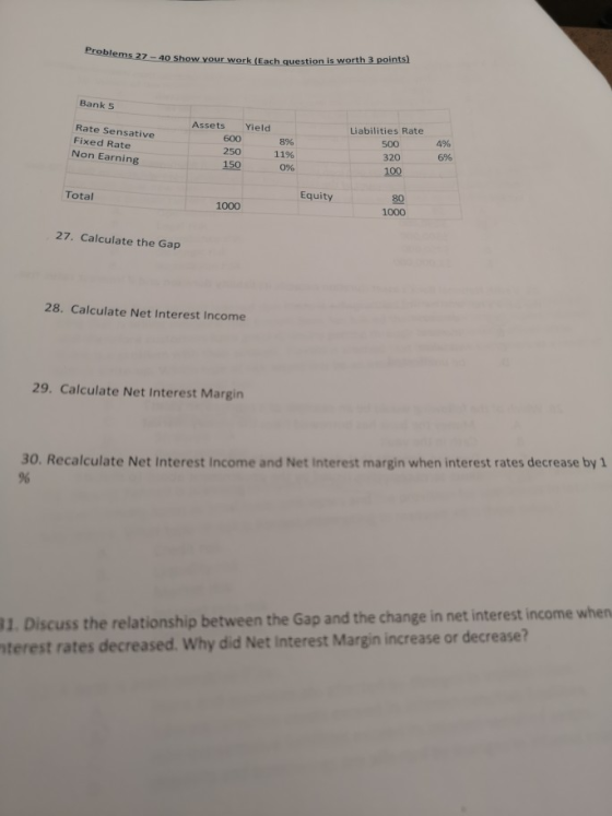 Problems 27-40 Show you rems 27-40 Show your work Each question is worth 3 points Bank 5 Rate Sensative Fixed Rate Non Earnin