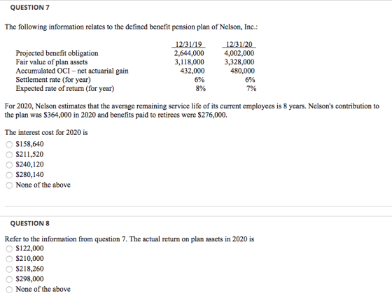 QUESTION 7 The following information relates to the defined benefit pension plan of Nelson, Inc.: Projected benefit obligatio