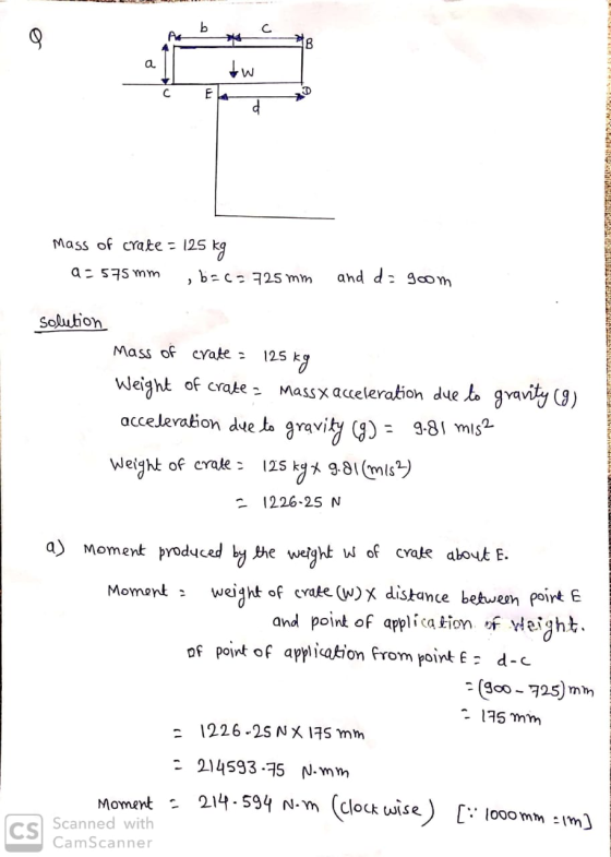 b С. 9 B a tw C E Mass of crate = 125 125 kg a=575mm b=c=725mm and d= goom ) solution Mass of crate : 125 kg Weight of crate