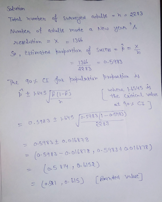 9 = 1366 Solution Total number of surveyed adults = n = 2283 Number of adults mode New year s resecution ax So, estimated pro