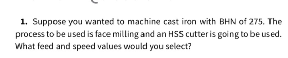 1. Suppose you wanted to machine cast iron with BHN of 275. The process to be used is face milling and an HSS cutter is going