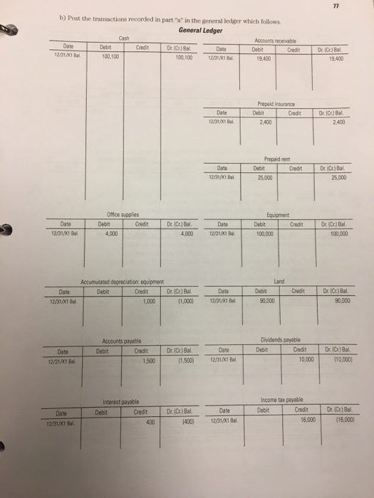 77 b) Post the transactions recorded in part a in the general ledger which follows General Ledger Cash Accounts receivable