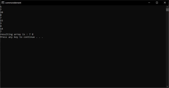 CV. commonelement - X 20 14 resulting array is : 78 Press any key to continue ...