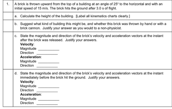 A brick is thrown upward from the top of a building at an angle of 25° to the horizontal and with an initial speed of 15 m/s.
