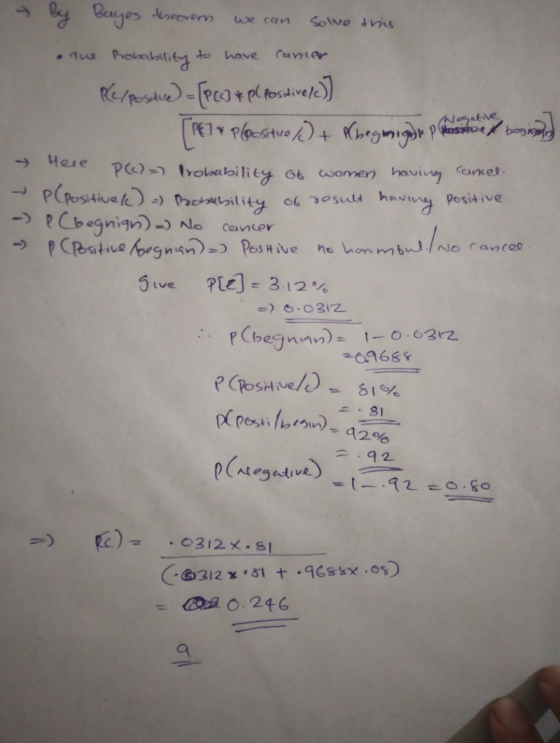Hele By Bayes theorem we can solve this Que probability to have cancer. ple/postve) - [PC] & pl Positivel] [PE]* Ploositue ()