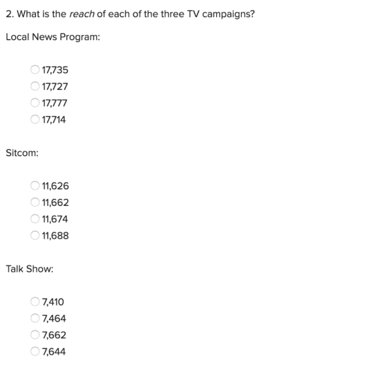 2. What is the reach of each of the three TV campaigns? Local News Program: 17,735 17,727 17רדה 17,714 Sitcom: 11,626 11,662