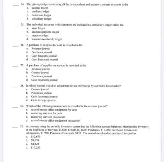 26 A 24. The primary ledger containing all the balance sheet and income statement accounts is the a. general ledger b. credit