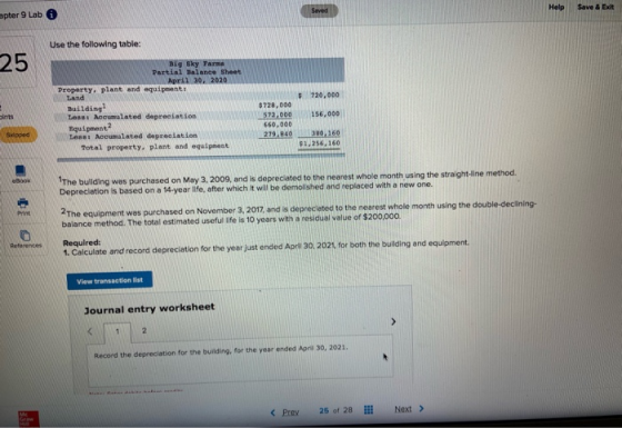 apter 9 Lab 6 Help Save & Exit Use the following table: 25 $ 120,000 Big Sky Tans Partial Balance Sheet April 30, 2020 Proper
