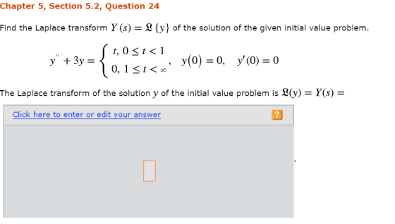 Chapter 5, Section 5.2, Question 24 Find the Laplace transform Y (s) -Ifyj of the solution of the given initial value problem